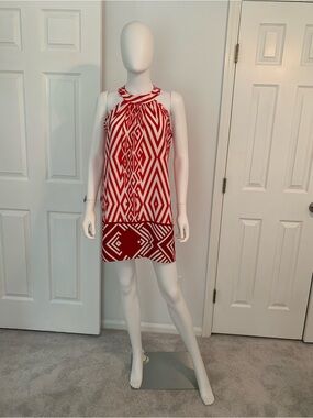 Red Geo-Print Halter Shift Dress
